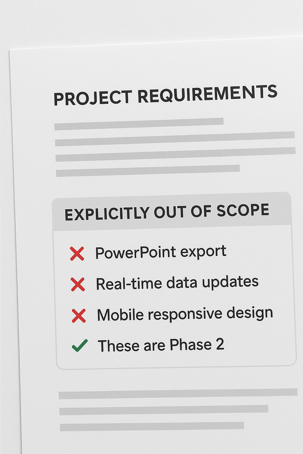 Project scope documentation showing in-scope and out-of-scope sections